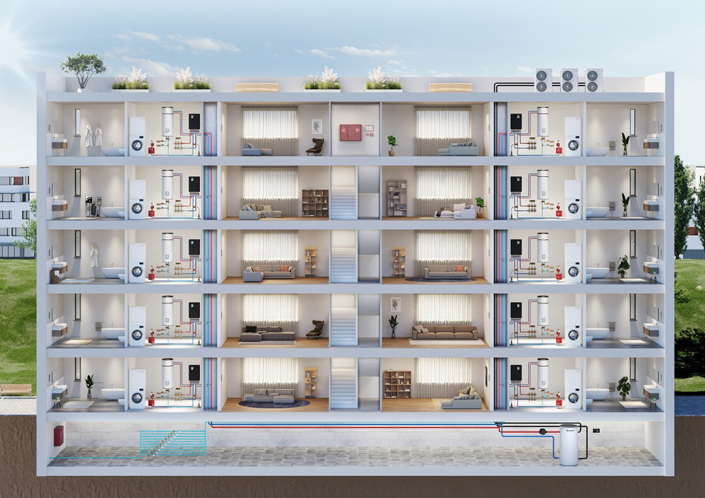 Typical condominium application with centralized boiler room with low temperature heat pumps and R589HPW booster plates with HPWB booster inside the apartments.
